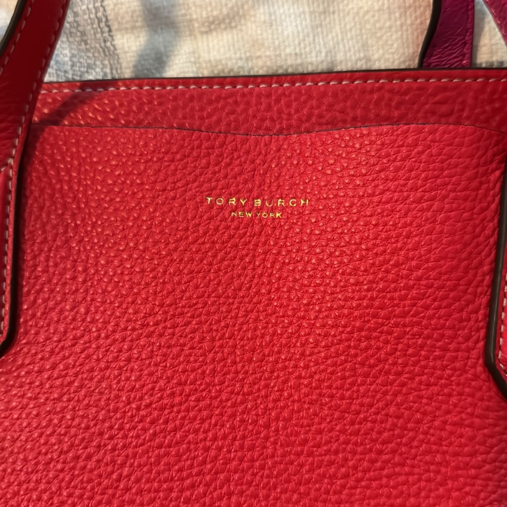Tory Burch Large Brilliant Red/Crazy Pink Leather Pebbled Tote - Picture 9 of 12